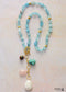 Boho Necklace, Mala Necklace,Blue Aquamarine, Rose Charm, Elegant Lariat